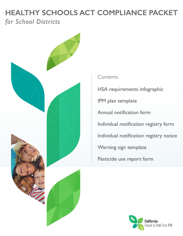 A structured document titled 'Healthy Schools Act Compliance Packet,' featuring guidelines for integrated pest management, pesticide notification, and reporting requirements for school districts