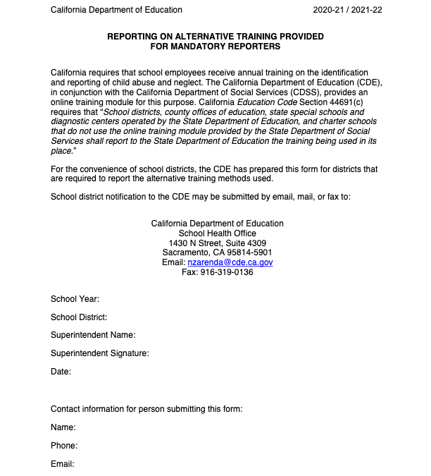 Alternative Mandated Reporter Form