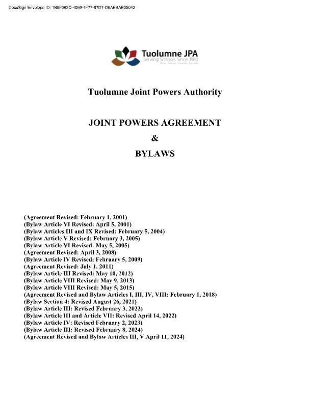 Cover page of the Tuolumne Joint Powers Authority Bylaws document, dated April 11, 2024.
