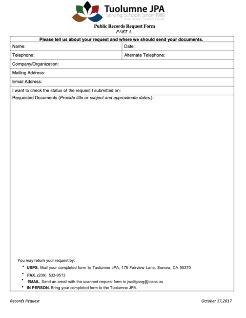 Jpa Form R001 Public Records Request Form | Tuolumne JPA