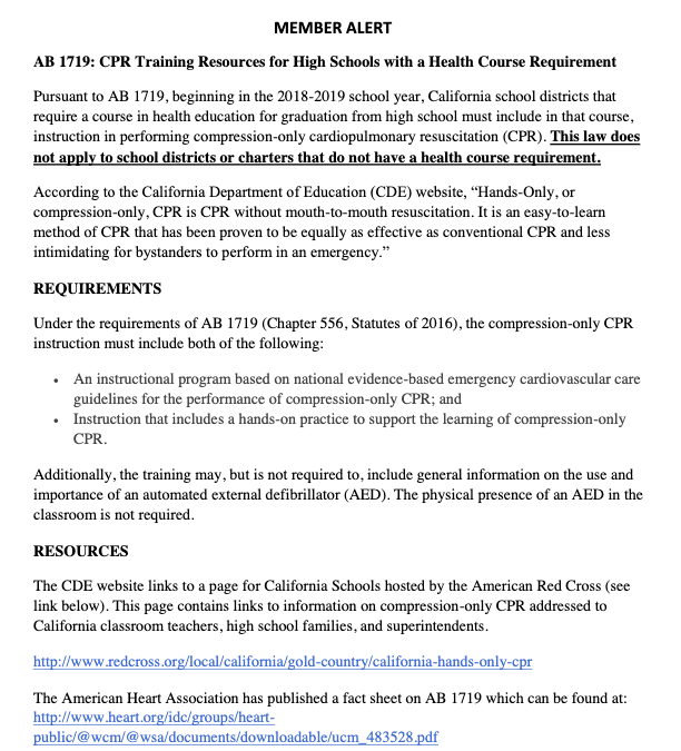 Member Alert – AB 1719: CPR Training Resources for High Schools with a Health Course Requirement