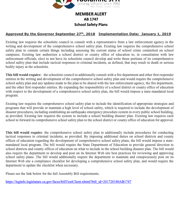 Member Alert – AB 1747: School Safety Plans