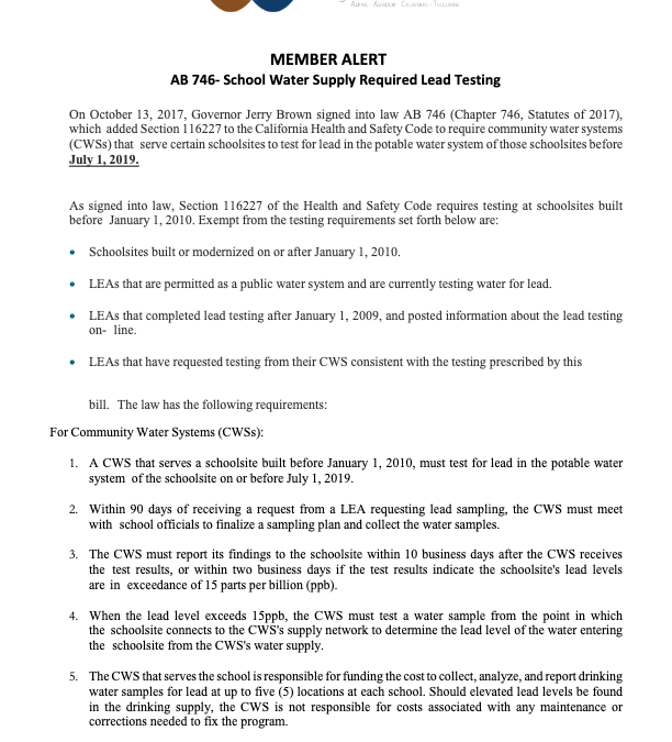 Member Alert – AB 748: School Water Supply Required Lead Testing