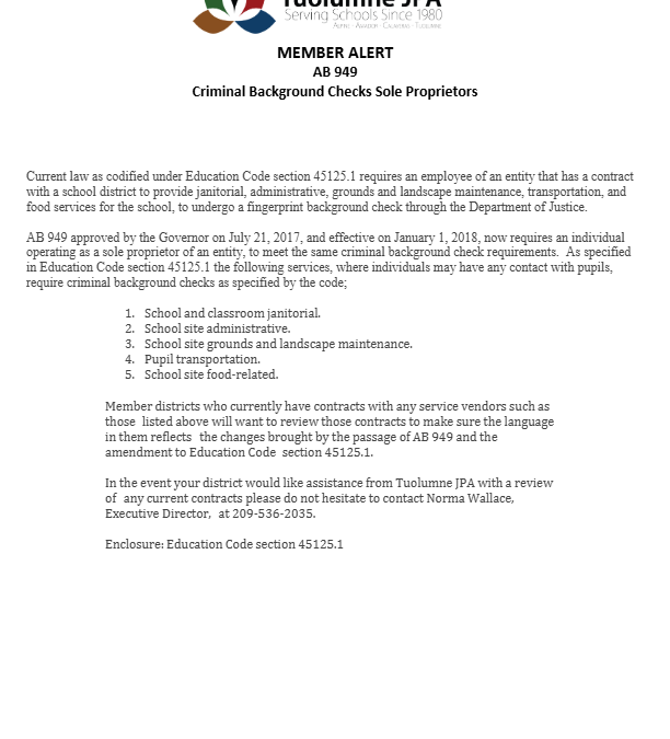 Member Alert – AB 949 : Criminal Background Checks Sole Proprietors