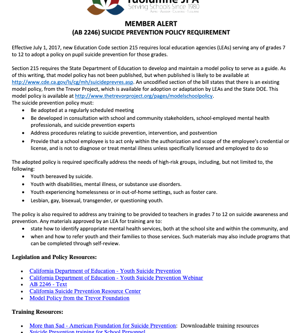 Member Alert – AB 2246: Suicide Prevention Policy Requirement