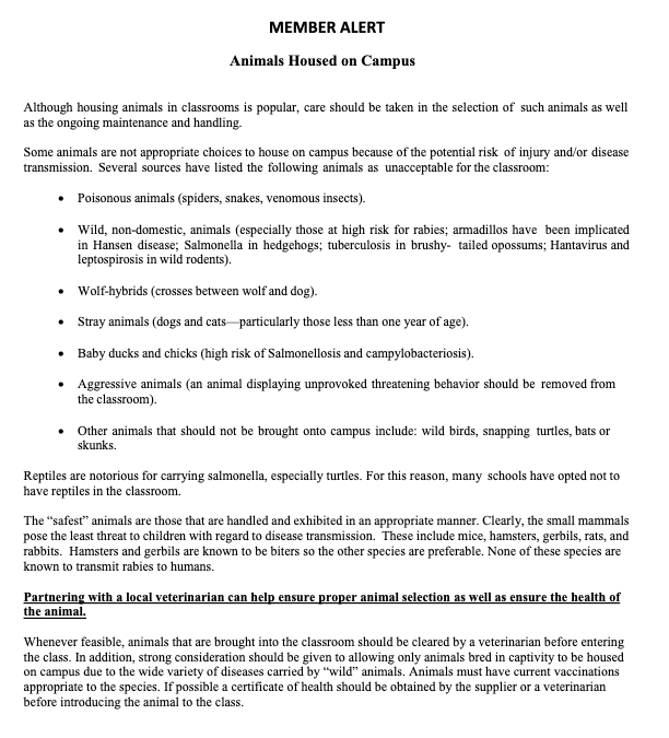 Member Alert – Animals Housed On Campus