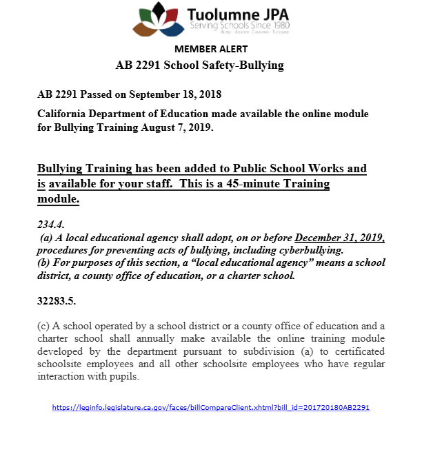 Member Alert – AB 2291: School Safety – Bullying