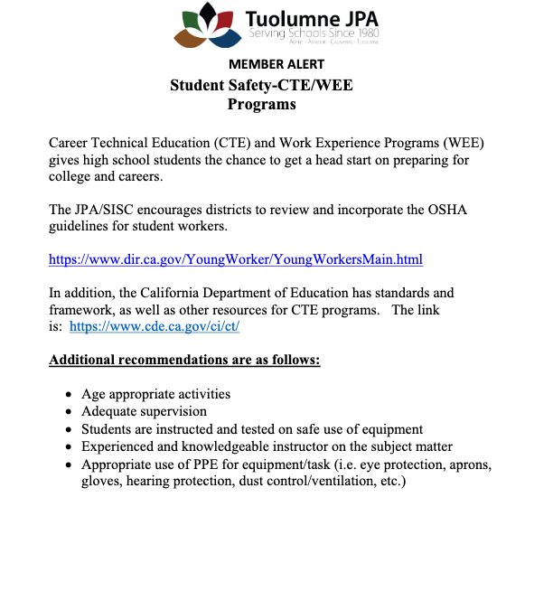 Member Alert – Student Safety: CTE/WEE Programs