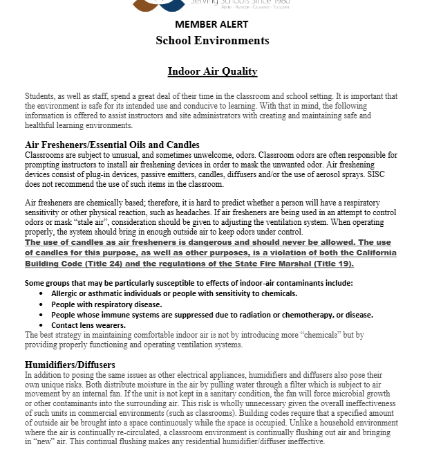 Member Alert – School Environments/Indoor Air Quality