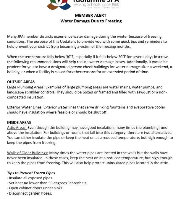 Member Alert – Water Damage Due to Freezing
