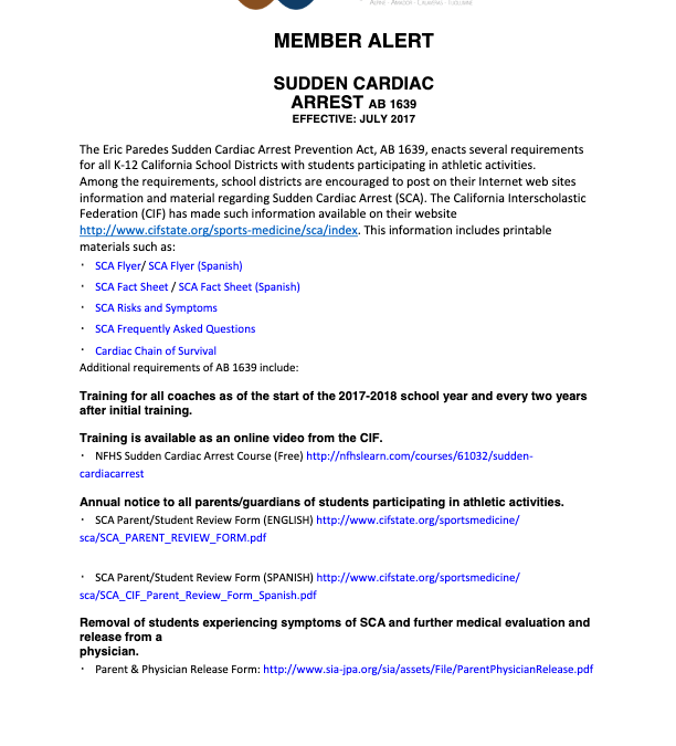 Member Alert – AB 1639: Sudden Cardiac Arrest