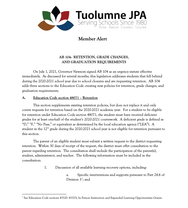Member Alert – AB 104: Retention, Grade Changes, and Graduation Requirements