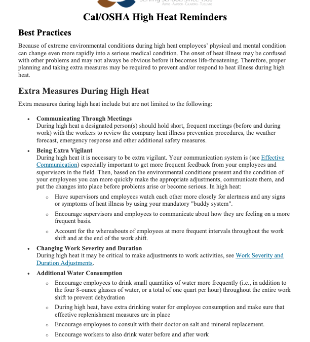 Member Alert – Cal/OSHA High Heat Reminders