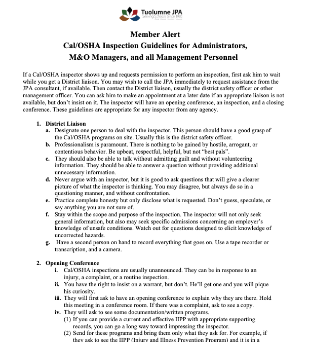 Member Alert: Cal/OSHA Inspection Guidelines