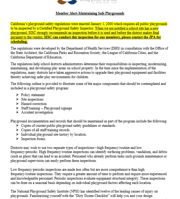 Member Alert – Maintaining Safe Playgrounds