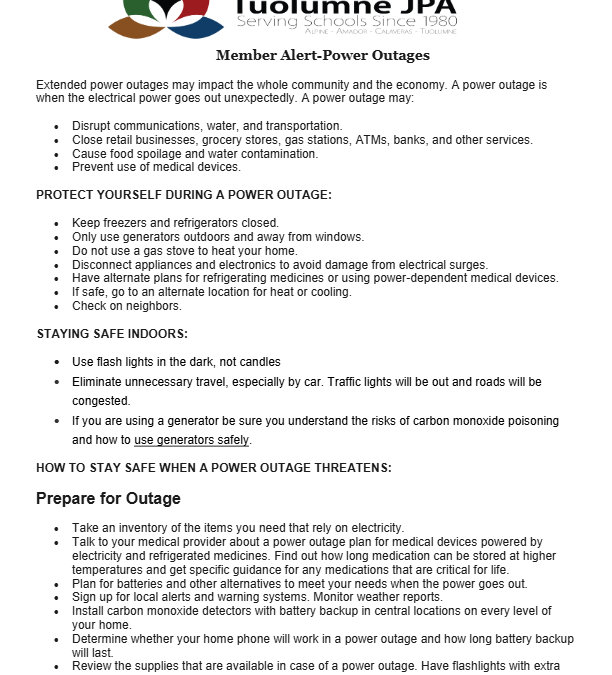 Member Alert – Power Outages