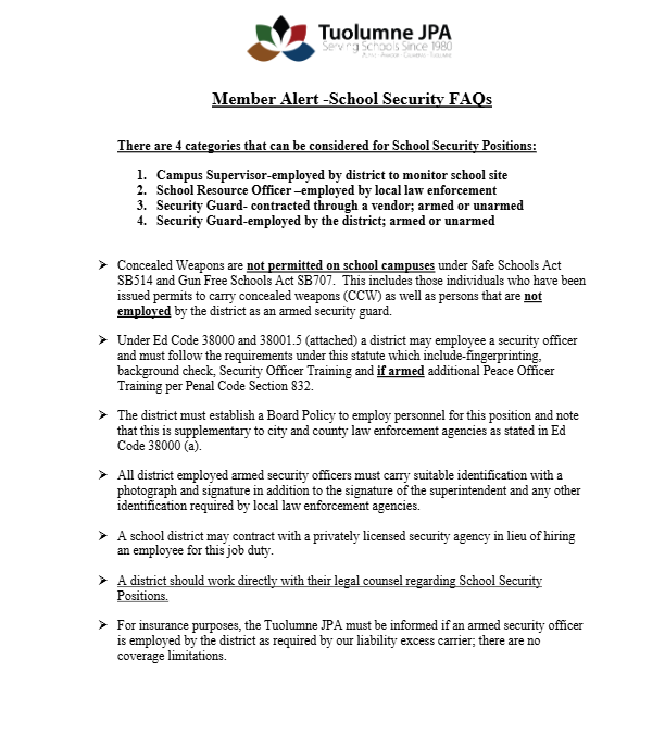 Member Alert – School Security FAQs