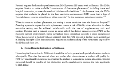 Member Alert – Parental Demands for Home Hospital Instruction for Exceptional Needs Children