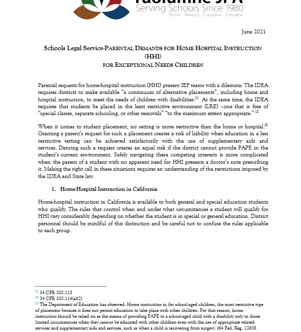 Member Alert – Parental Demands for Home Hospital Instruction for Exceptional Needs Children
