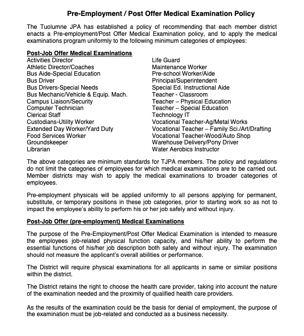 Pre-Employment/Post Offer Medical Examination Policy