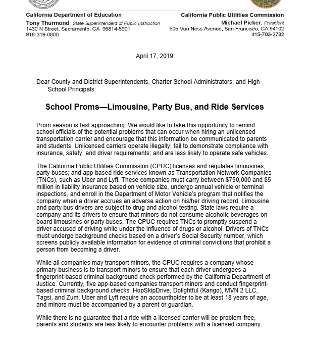 Member Alert – School Prom Transportation Guidance